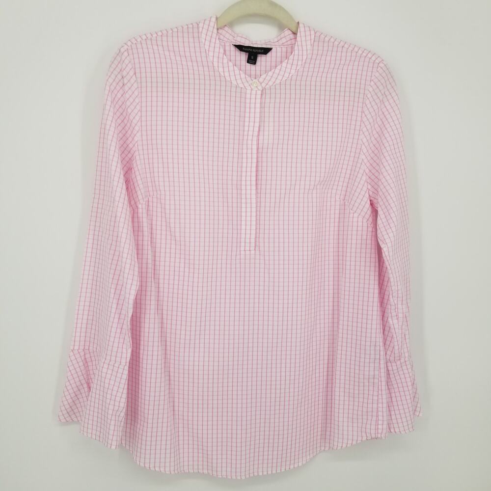 Banana Republic Windowpane Plaid Popover Shirt S 100% Cotton Pink White Preppy‎